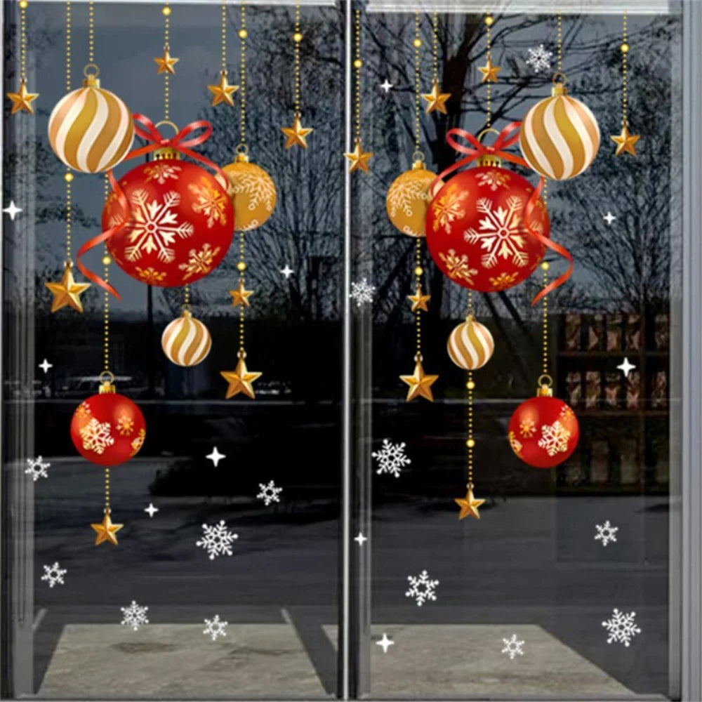 Christmas stickers, festive atmosphere decoration, colorful balls, stars, snowflakes, stickers, decorative glass window stickers