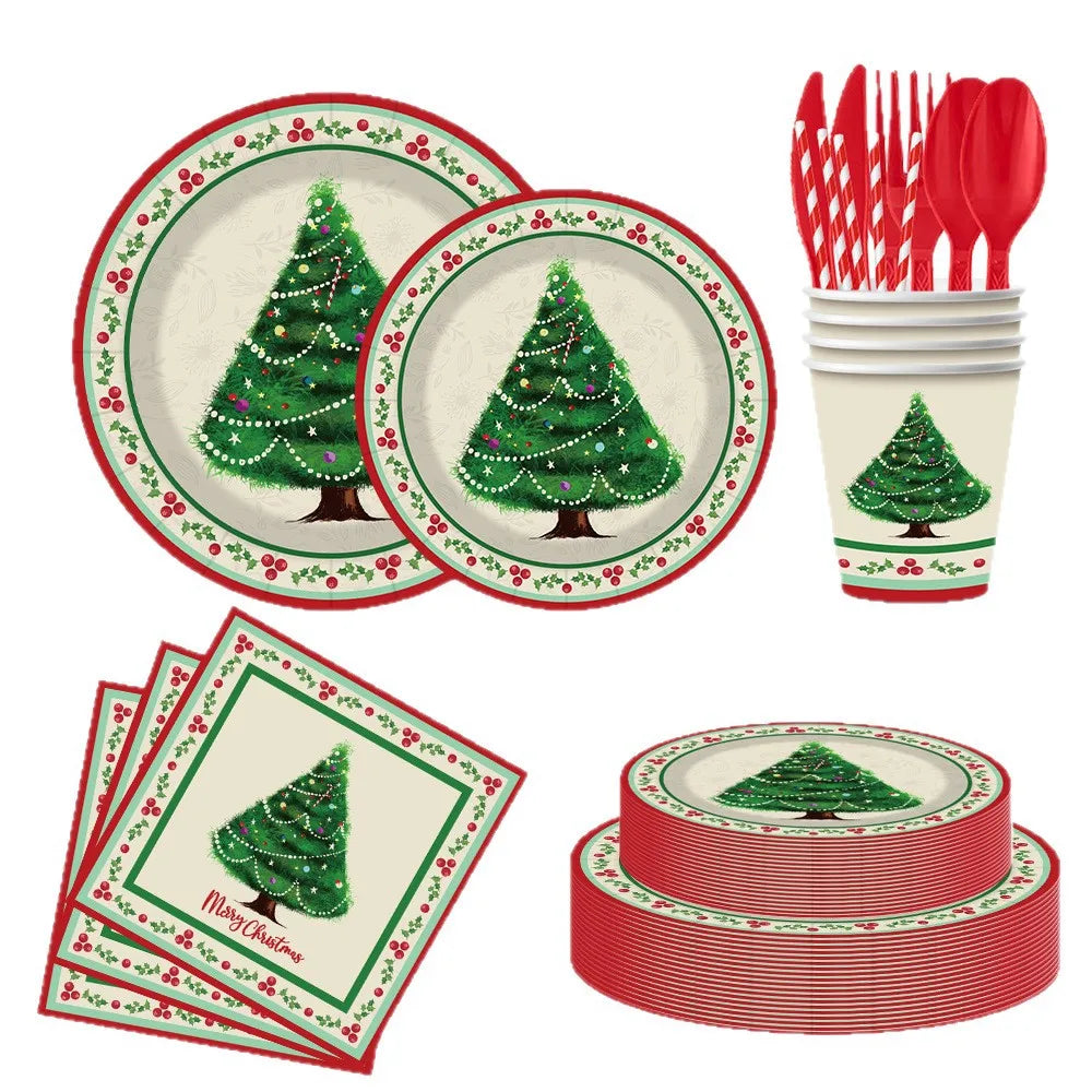 90pcs Christmas Tree Party Tableware Set Paper Plates Cups Napkins Cutlery Set Merry Christmas Dishes Decorations Party Supplies