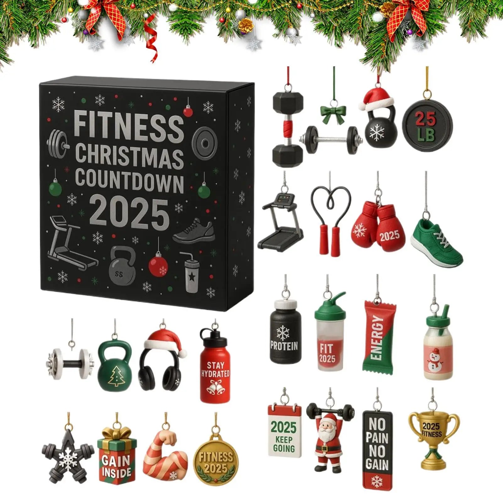 Christmas Countdown Calendar 2D Acrylic Ornament 24 Days Fitness Gear Christmas Ornaments for Winter Holiday Party Home Gym