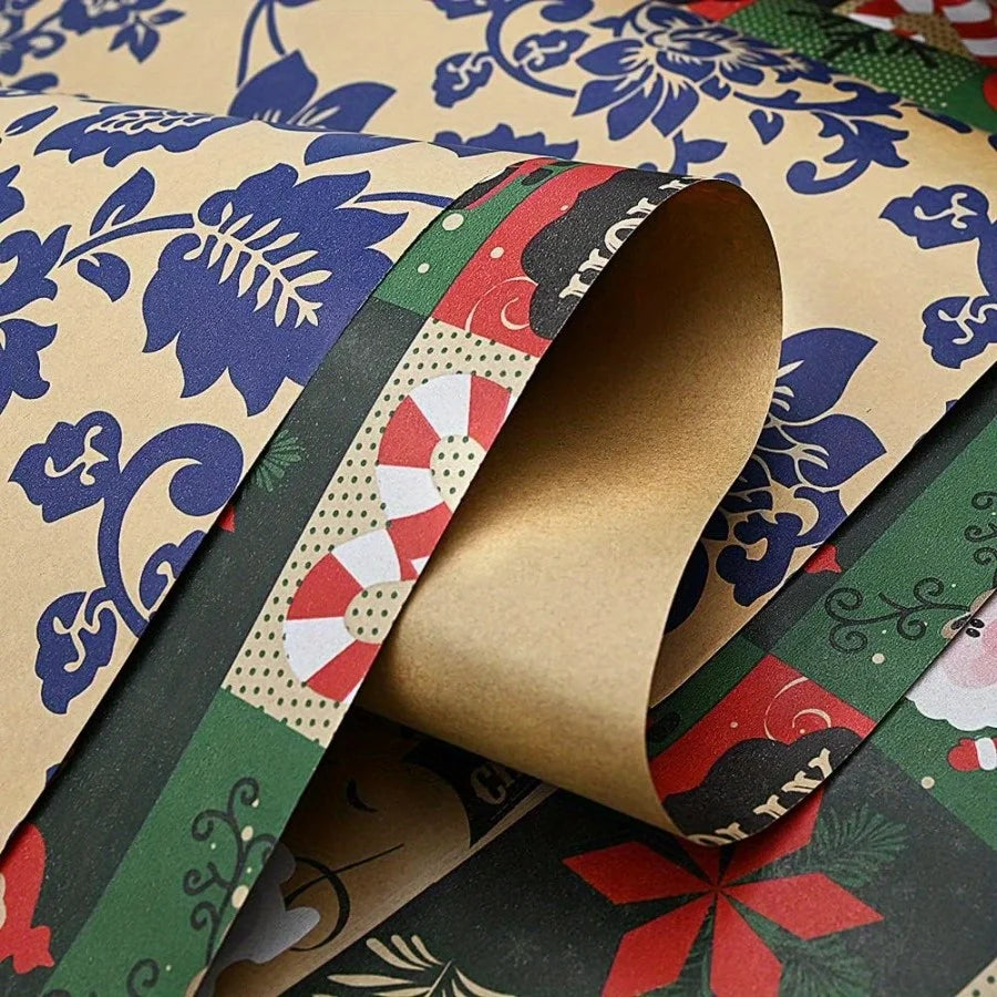 Christmas Wrapping Paper Roll - Festive Kraft Paper with Snowflake, Tree, and Ornament Patterns, Ideal for Holiday Gift Wrapping
