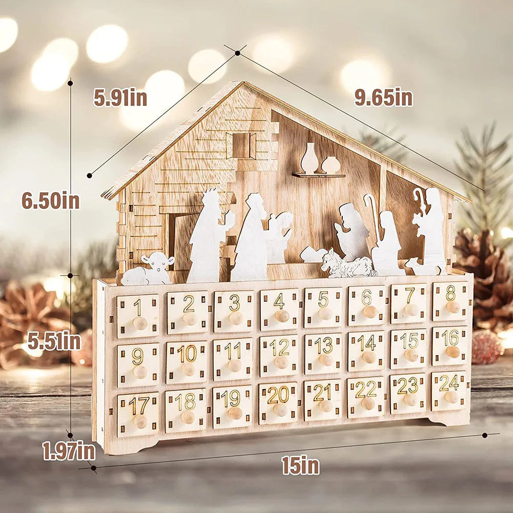 Christmas 24 Day Countdown Calendar With Light Wooden Drawer Home Decor Ornament For Kids Light Up Gifts Candy Drawer Organizer