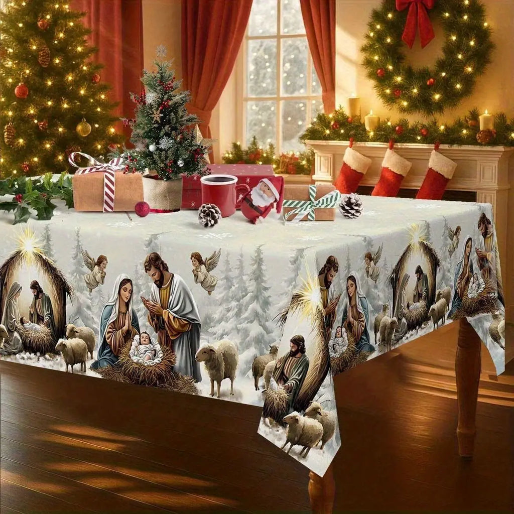 Christmas Tree Snowman Elk Snowflakes Tablecloth Dining Table Reusable Washable Rectangle Tables for Kitchen, Camping, Festival