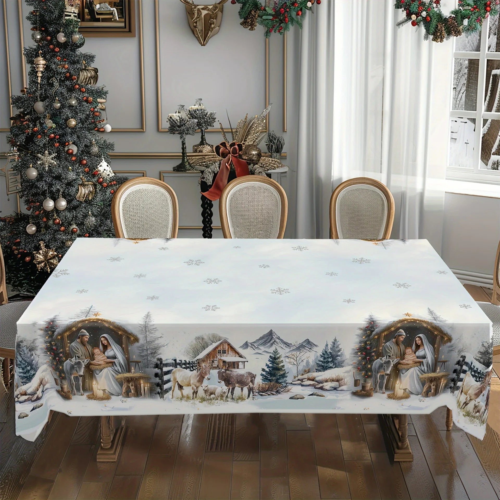Christmas Tree Snowman Elk Snowflakes Tablecloth Dining Table Reusable Washable Rectangle Tables for Kitchen, Camping, Festival