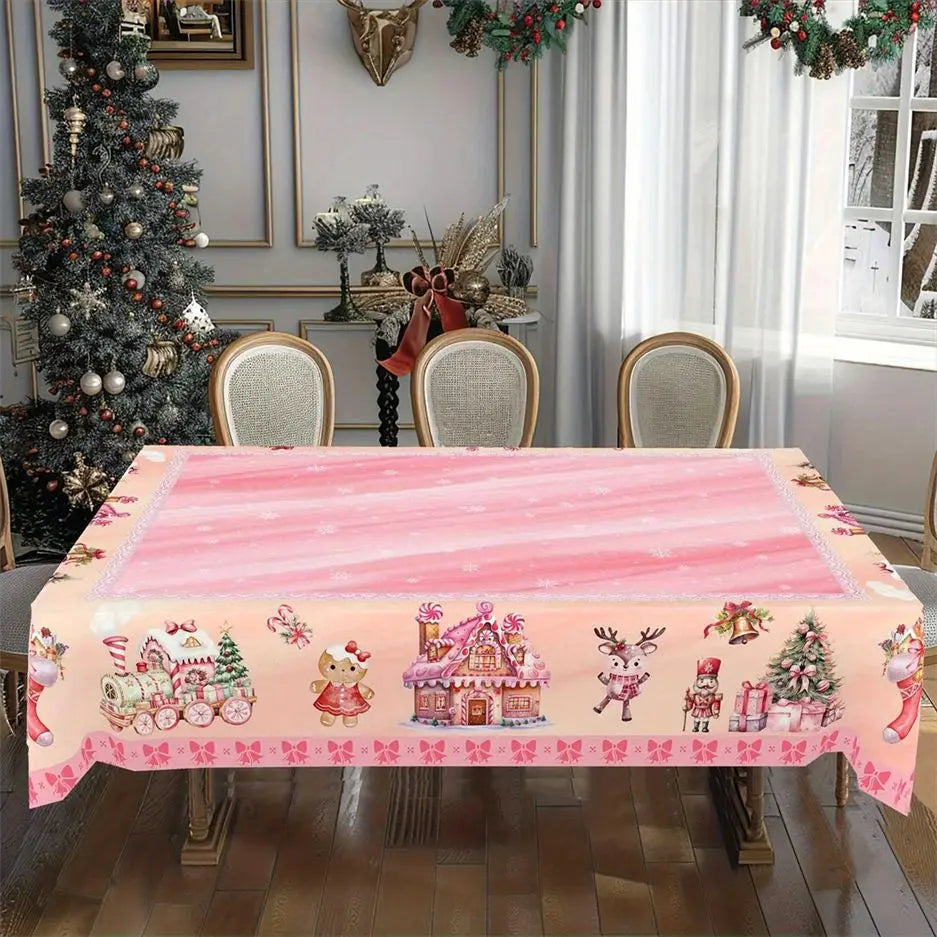 Christmas Tree Snowman Elk Snowflakes Tablecloth Dining Table Reusable Washable Rectangle Tables for Kitchen, Camping, Festival