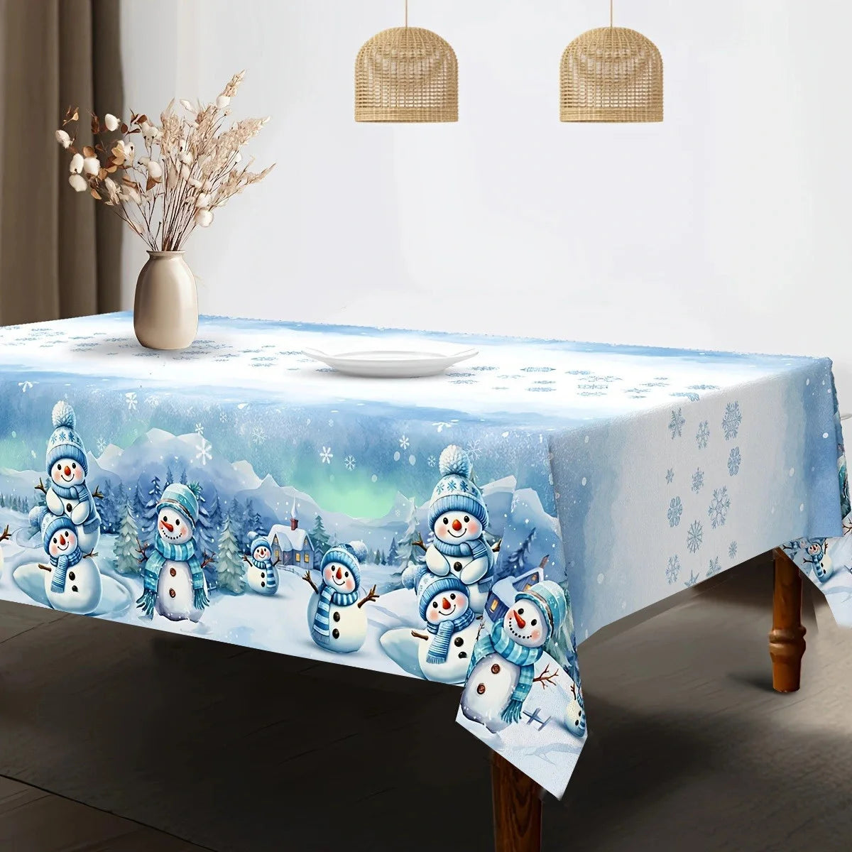 Christmas Tree Snowman Elk Snowflakes Tablecloth Dining Table Reusable Washable Rectangle Tables for Kitchen, Camping, Festival