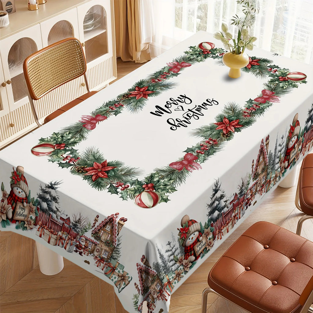 Christmas Tree Snowman Elk Snowflakes Tablecloth Dining Table Reusable Washable Rectangle Tables for Kitchen, Camping, Festival