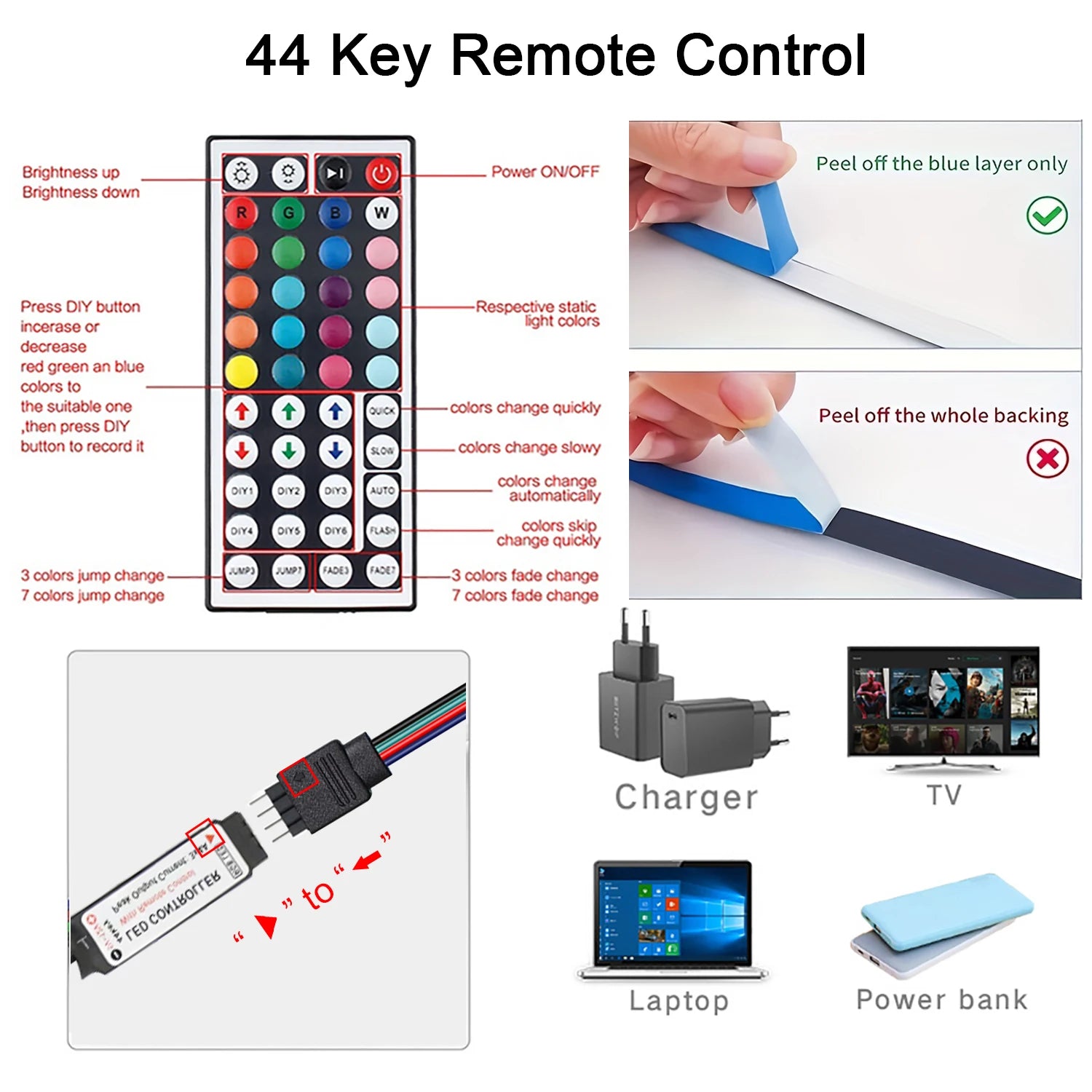 Led Strip Lights with 44 Key Remote Control 1m 5m 10m 20m