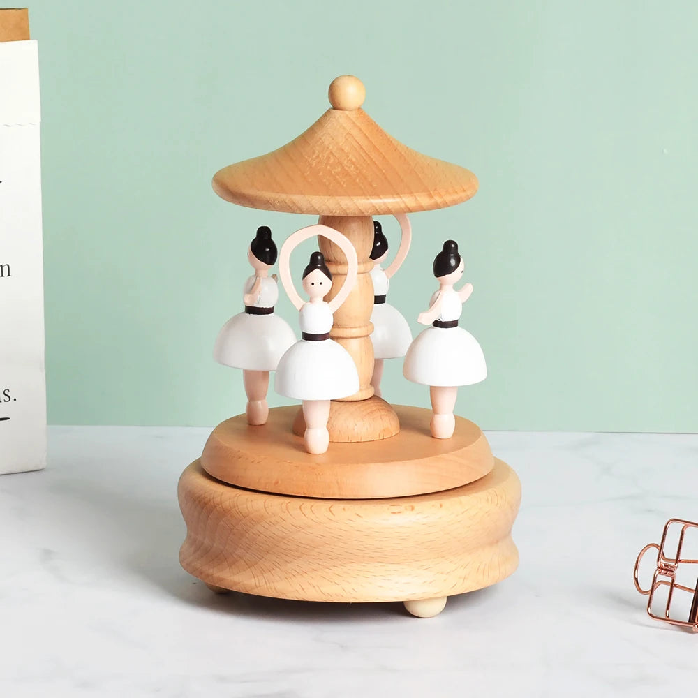 Christmas Gifts Wholesale Logo Engrave Mechanical Wind Up Clockwork Rotating Carousel Ballerina Music Box Wooden For Present