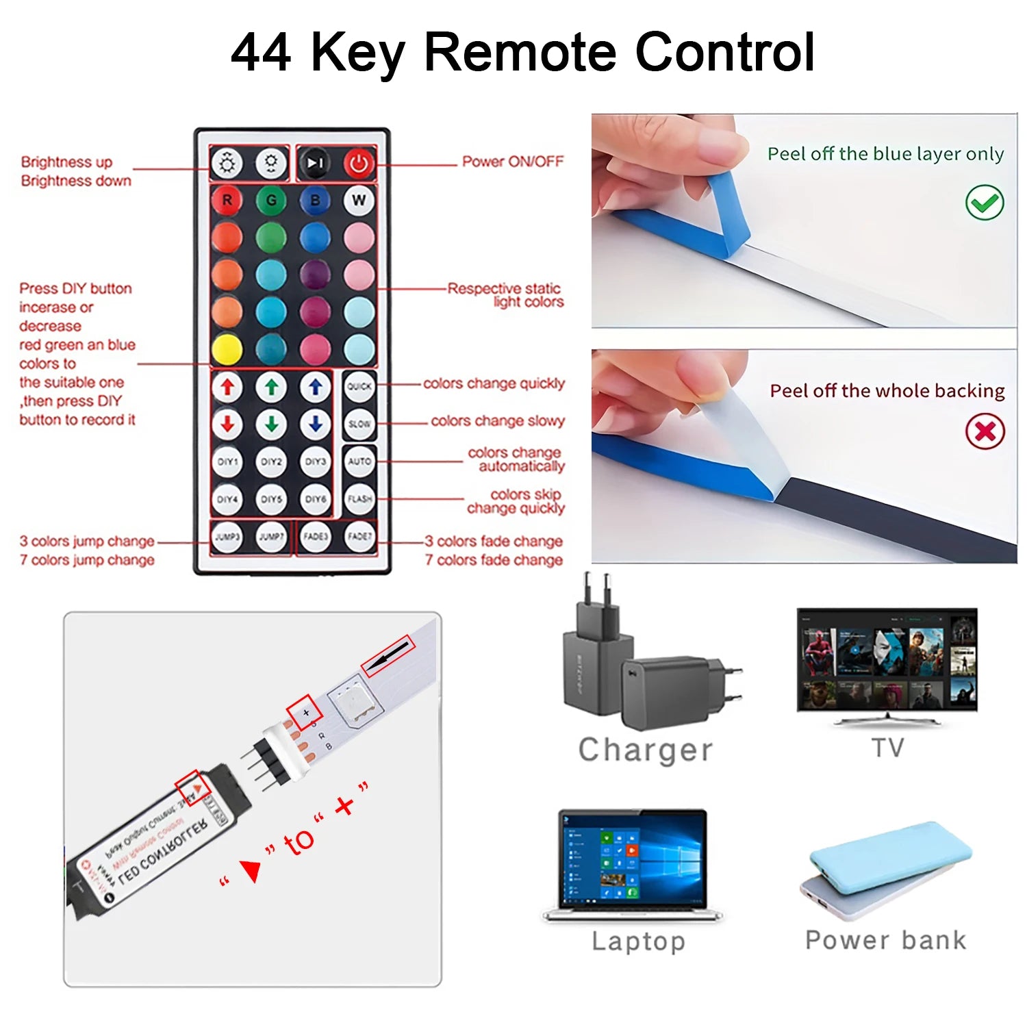 Led Strip Lights with 44 Key Remote Control 1m 5m 10m 20m
