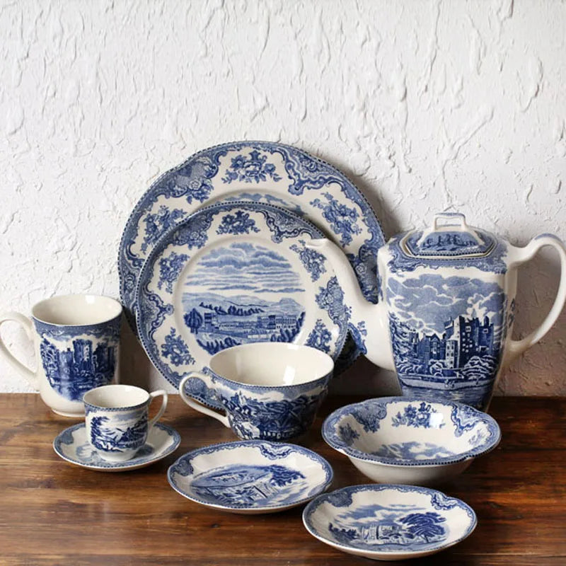 White and Blue porcelain complete tableware and tea set