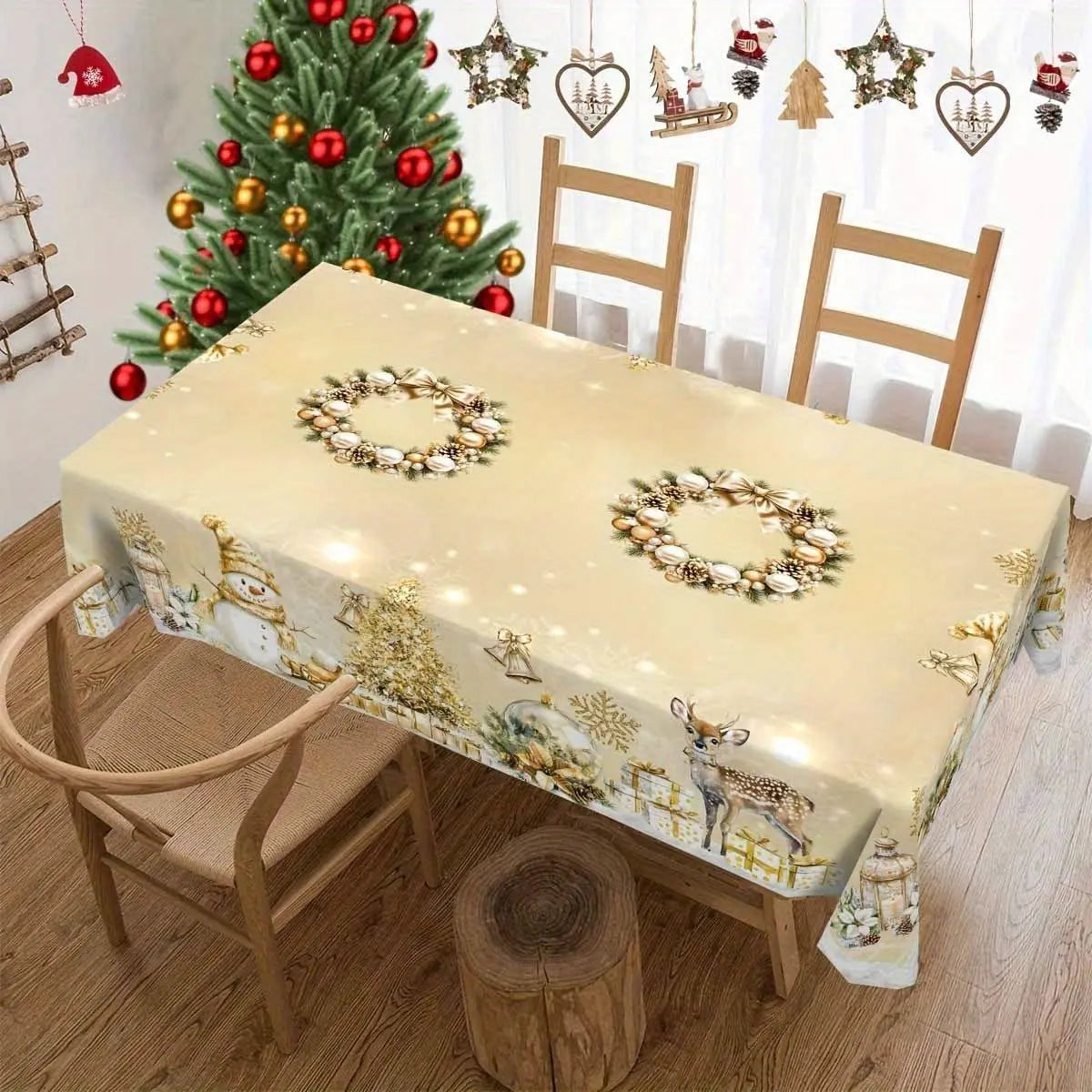 Christmas Tree Snowman Elk Snowflakes Tablecloth Dining Table Reusable Washable Rectangle Tables for Kitchen, Camping, Festival