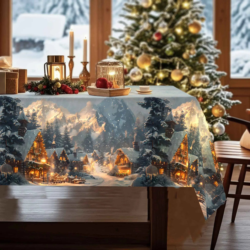 Christmas Tree Snowman Elk Snowflakes Tablecloth Dining Table Reusable Washable Rectangle Tables for Kitchen, Camping, Festival
