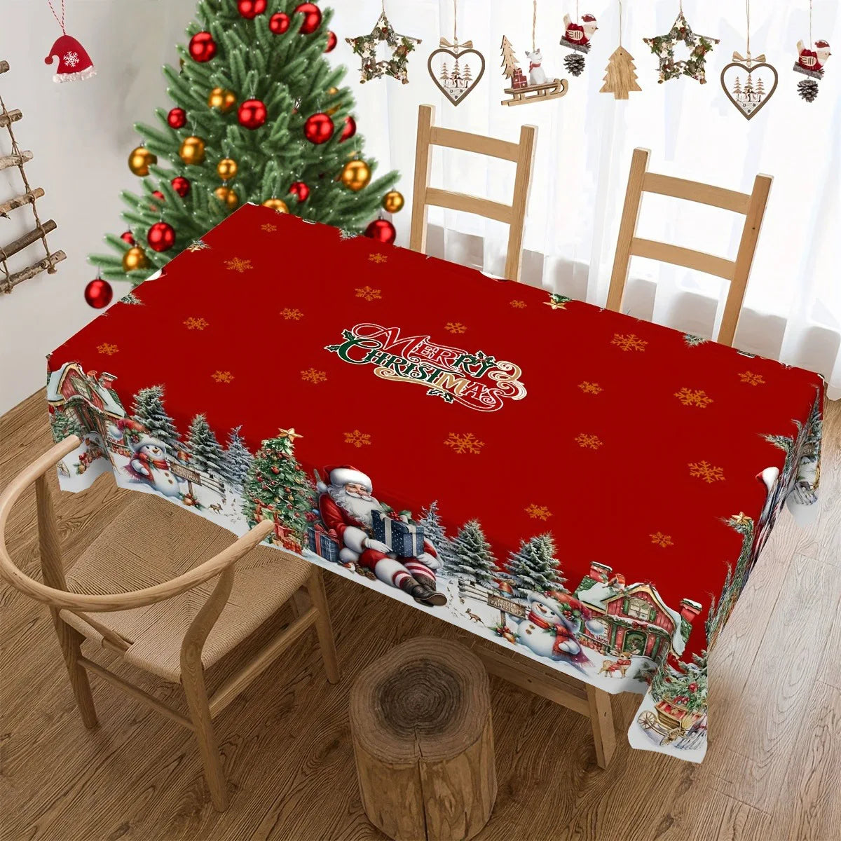 Christmas Tree Snowman Elk Snowflakes Tablecloth Dining Table Reusable Washable Rectangle Tables for Kitchen, Camping, Festival