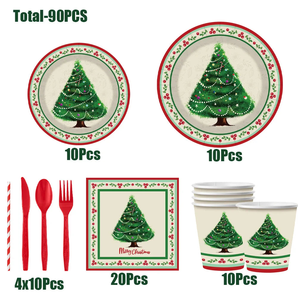 90pcs Christmas Tree Party Tableware Set Paper Plates Cups Napkins Cutlery Set Merry Christmas Dishes Decorations Party Supplies
