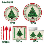 90pcs Christmas Tree Party Tableware Set Paper Plates Cups Napkins Cutlery Set Merry Christmas Dishes Decorations Party Supplies