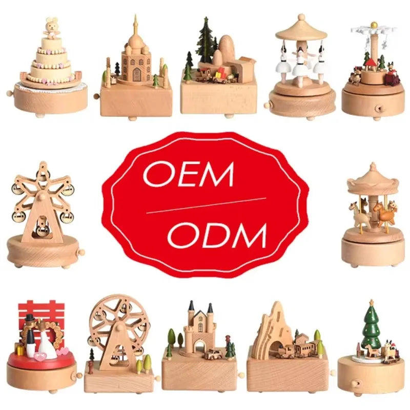 Christmas Gifts Wholesale Logo Engrave Mechanical Wind Up Clockwork Rotating Carousel Ballerina Music Box Wooden For Present