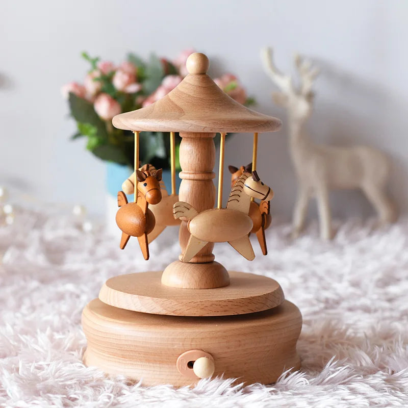 Christmas Gifts Wholesale Logo Engrave Mechanical Wind Up Clockwork Rotating Carousel Ballerina Music Box Wooden For Present