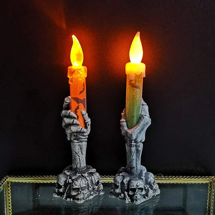 Halloween LED Lights Skull Ghost Holding Candle Lamp