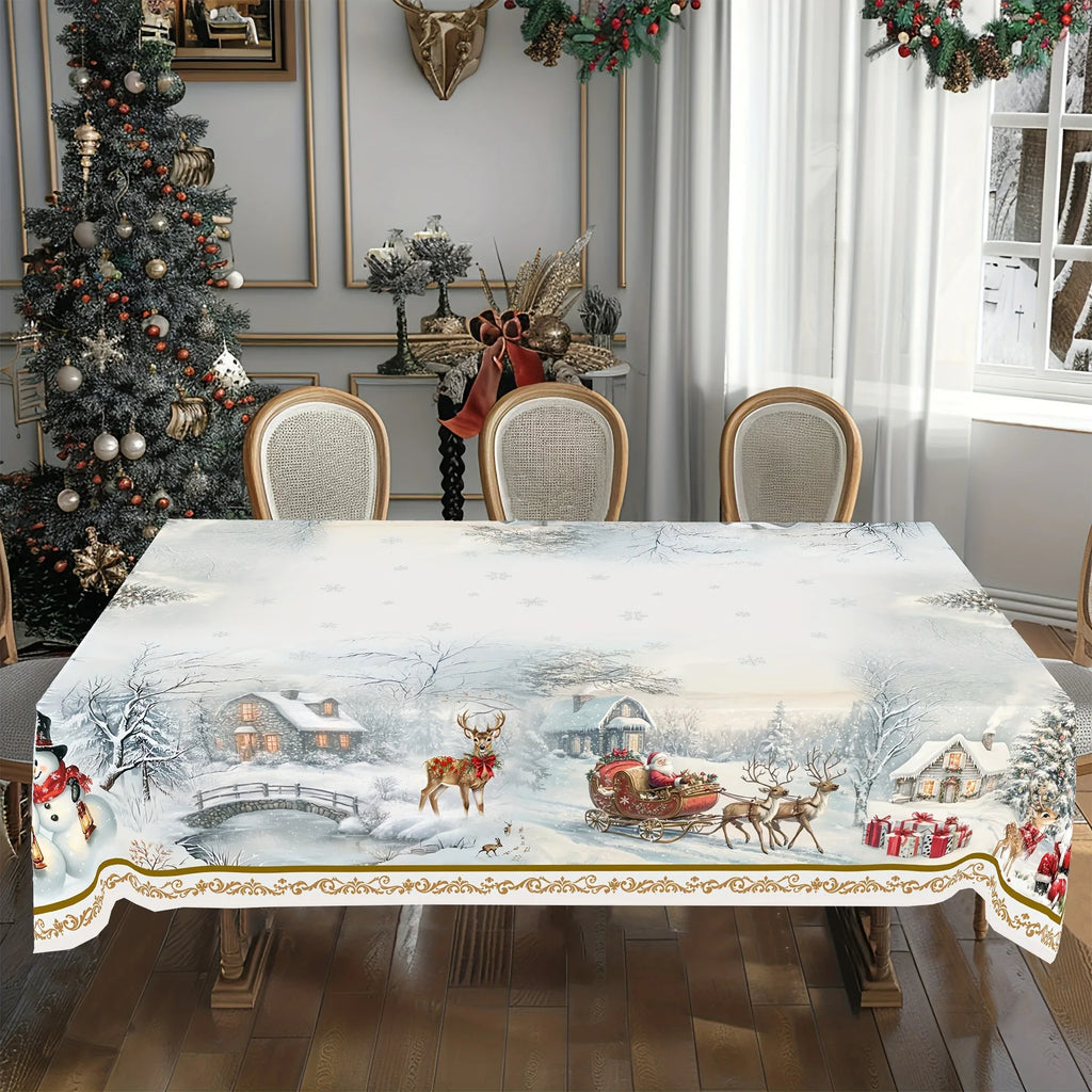 Christmas Tree Snowman Elk Snowflakes Tablecloth Dining Table Reusable Washable Rectangle Tables for Kitchen, Camping, Festival