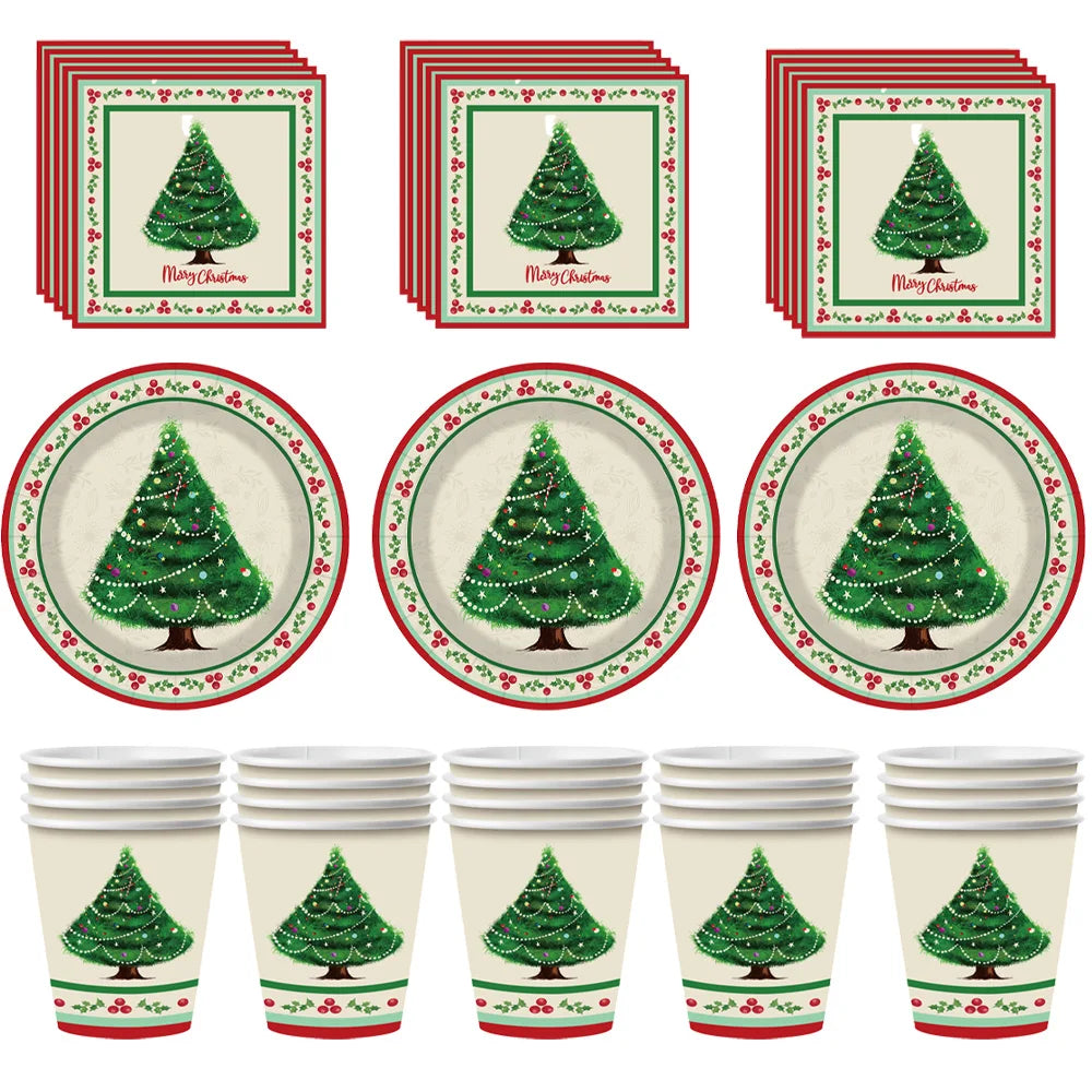 90pcs Christmas Tree Party Tableware Set Paper Plates Cups Napkins Cutlery Set Merry Christmas Dishes Decorations Party Supplies