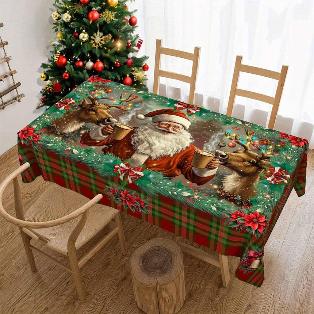 Christmas Tree Snowman Elk Snowflakes Tablecloth Dining Table Reusable Washable Rectangle Tables for Kitchen, Camping, Festival